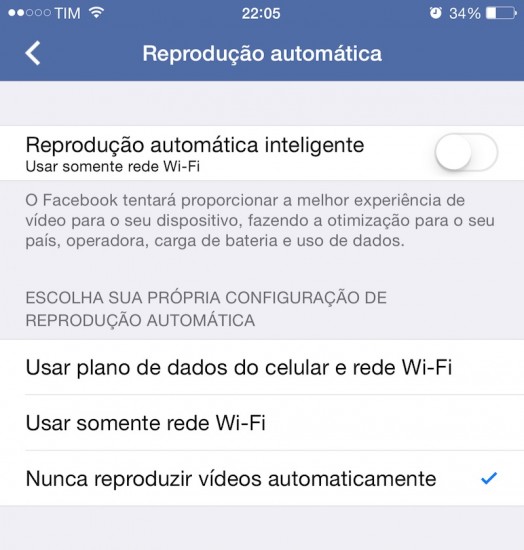 desativar reprodução automatica facebook no iphone