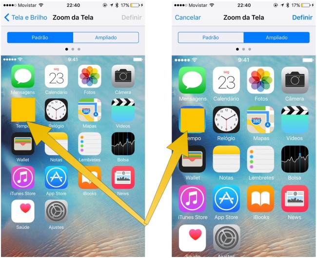 Dar um "zoom" na tela do iPhone (Apenas para iPhone 6, 6s, 6 Plus e 6s Plus)
