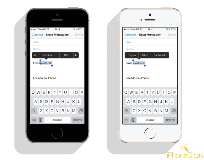 digitando no teclado do iphone negrito, italico, sublinhado